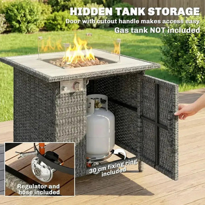 Outsunny Rattan Gas Fire Pit Table – 71cm Square with Wind Guard & Cover | 867 - 123V00CG - Fire Pits, Fireplaces, Heating