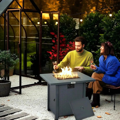 Outsunny rattan propane gas fire pit table in grey with a lit flame and control panel for outdoor heating