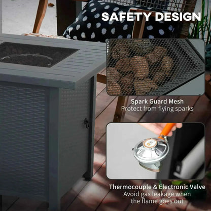 Gray outsunny rattan propane gas fire pit table with spark guard mesh and electronic valve safety features