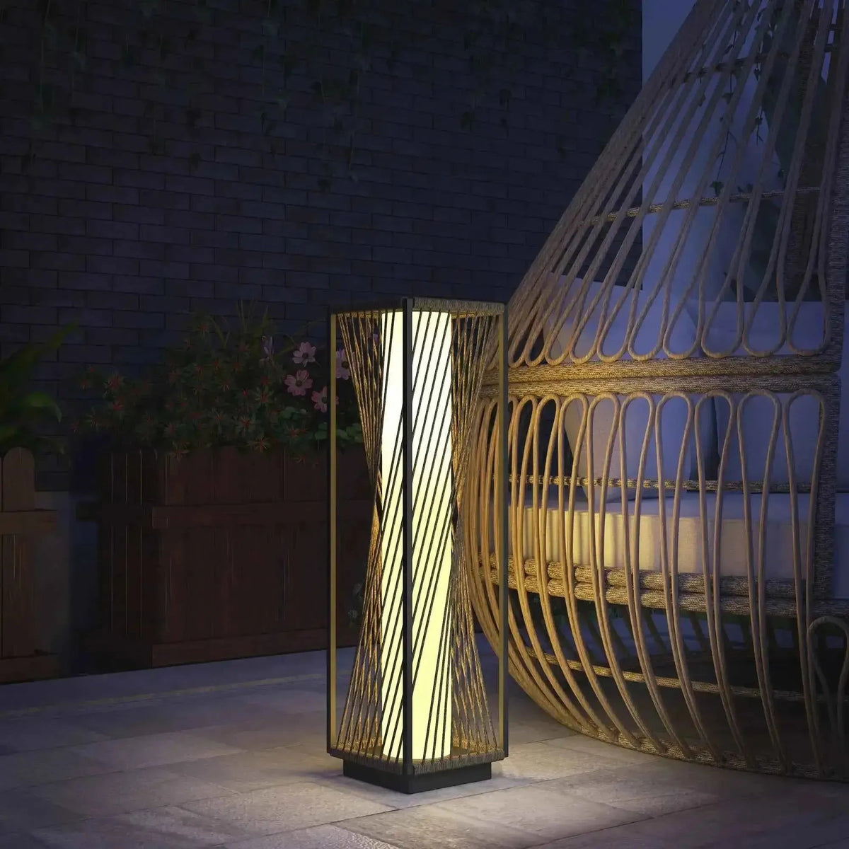Outsunny rattan solar floor lamp with sleek twisted grey bamboo frame and warm yellow led garden light