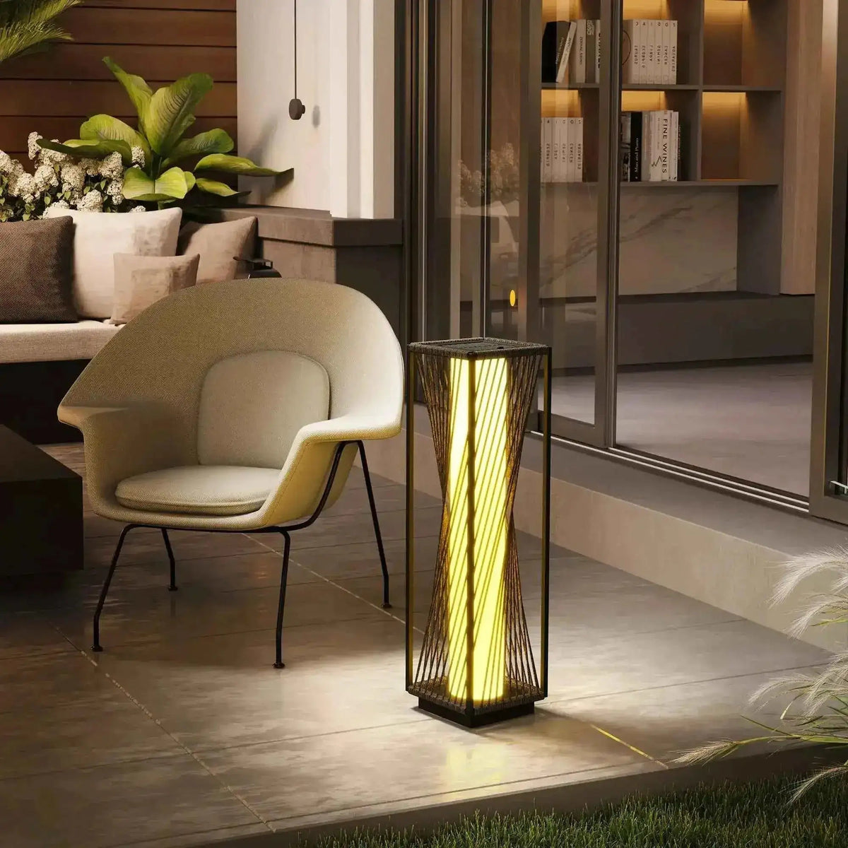 Modern black-framed outsunny rattan solar floor lamp with warm yellow light and vertical wire cage design in grey