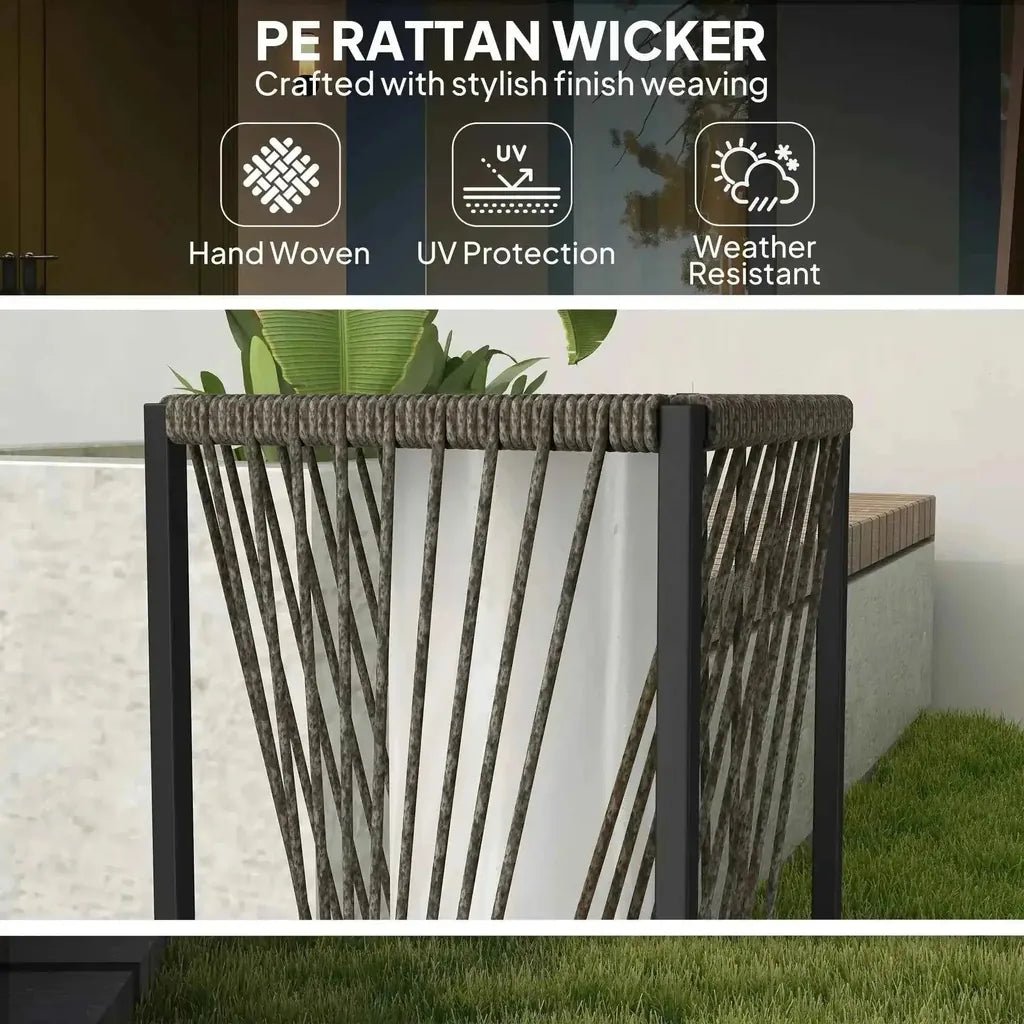 A modern outdoor planter with dark gray pe rattan weave and black metal frame for garden use