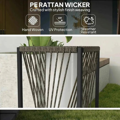 A modern outdoor planter with dark gray pe rattan weave and black metal frame for garden use