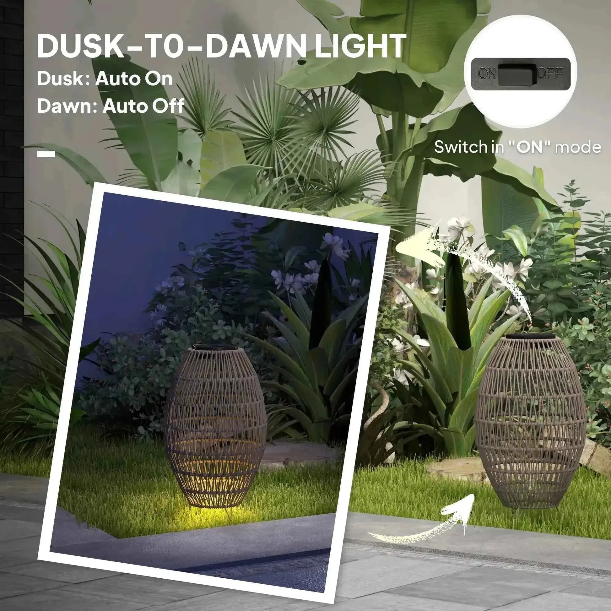 Outsunny Rattan Solar Lamp, Auto On/Off Garden Lantern - Dark Brown | 867-264V00DR