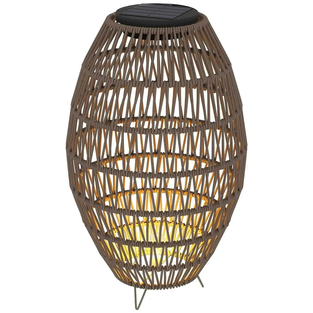 Brown woven wicker Outsunny rattan solar garden lamp with black top and warm glowing light for outdoor use