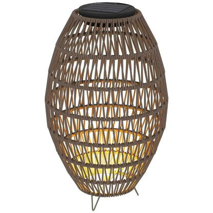 Brown woven wicker Outsunny rattan solar garden lamp with black top and warm glowing light for outdoor use