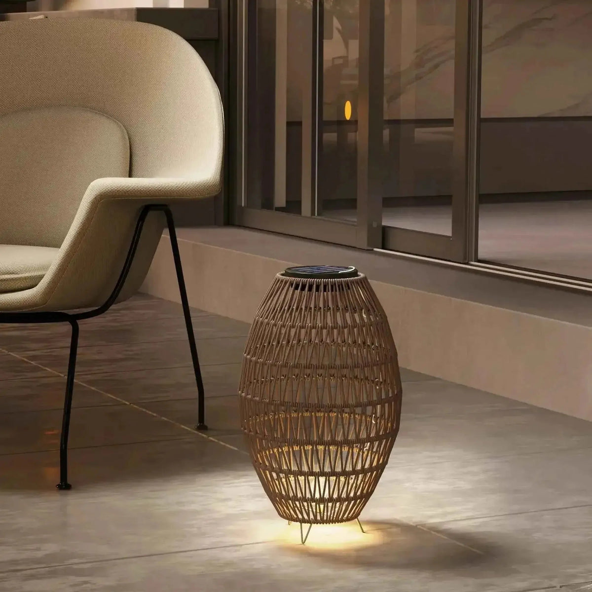 Outsunny rattan solar lamp dark brown woven lantern with warm glowing light for garden auto on off