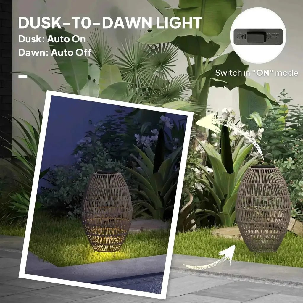 Outsunny woven brown rattan solar lamp with auto on off feature and warm yellow glow for outdoor garden use