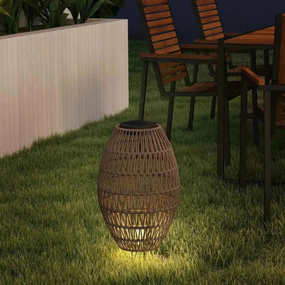 Outsunny rattan solar lamp dark brown woven outdoor lantern with warm glowing light and auto on off garden feature