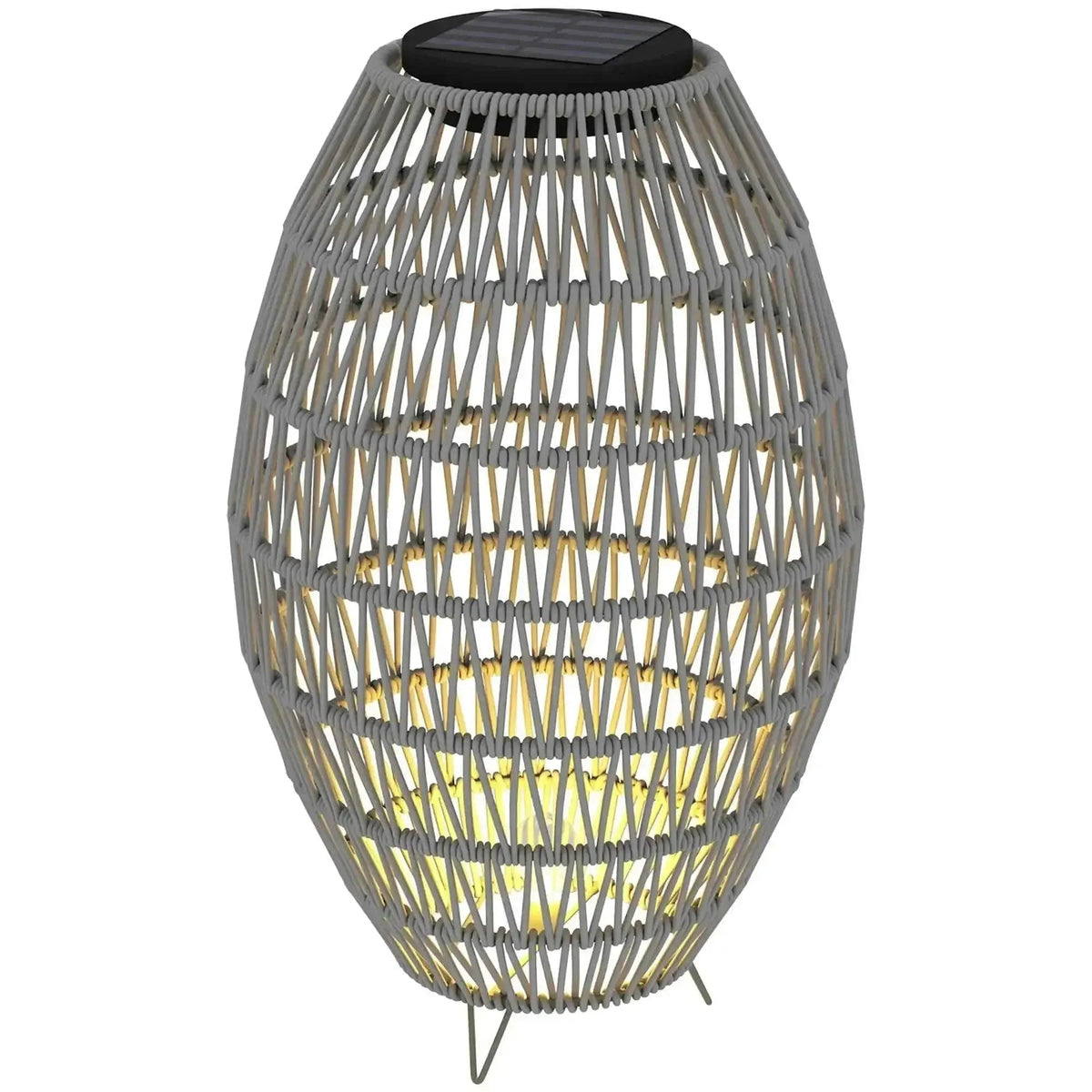 Gray woven wicker outsunny rattan solar lantern with black top and warm yellow light for garden use
