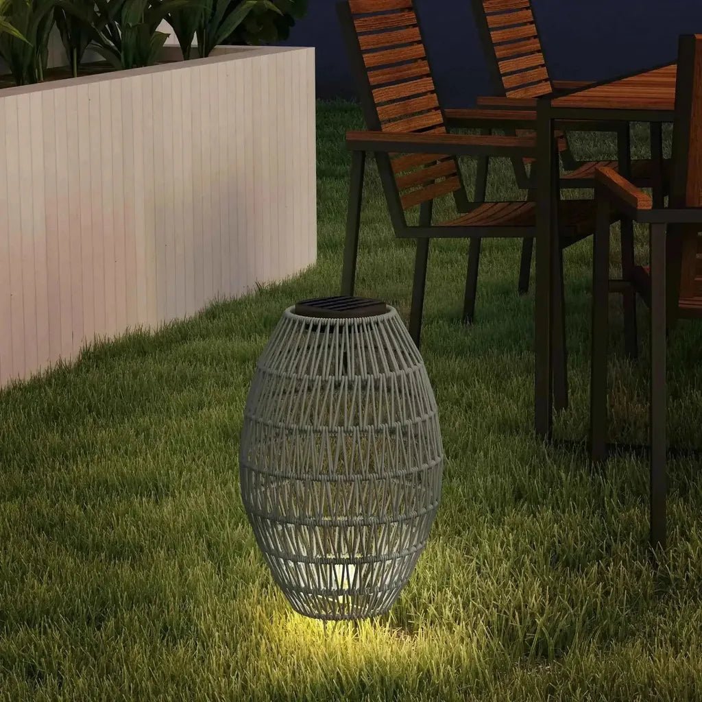 Outsunny rattan solar lamp grey woven wicker garden lantern with black solar panel top emits warm light at base