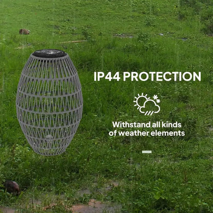 Gray woven rattan outdoor lantern with black top and ip44 weather-resistant protection for garden use by Outsunny