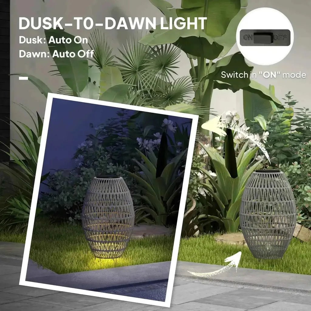 Outsunny rattan solar lamp gray woven wicker outdoor garden lantern with sleek modern design and auto on off feature