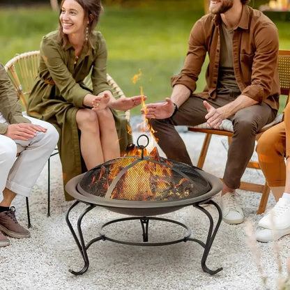Black wrought iron outsunny round fire pit bowl with mesh lid curved legs log grate and poker for outdoor use