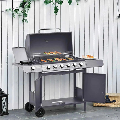 Outsunny seven-burner gas bbq grill in grey stainless steel with six burners and side storage compartments