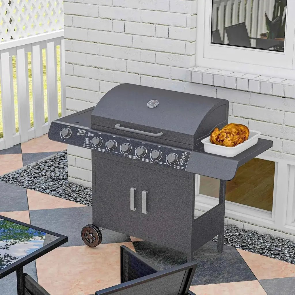 Outsunny seven-burner grey gas bbq grill with six control knobs and side shelf holding roasted chicken in white dish