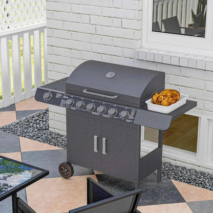 Outsunny seven-burner grey gas bbq grill with six control knobs and side shelf holding roasted chicken in white dish