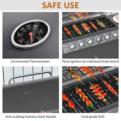 Outsunny seven-burner black gas bbq grill with silver-framed lid thermometer and stainless steel anti-scalding handle