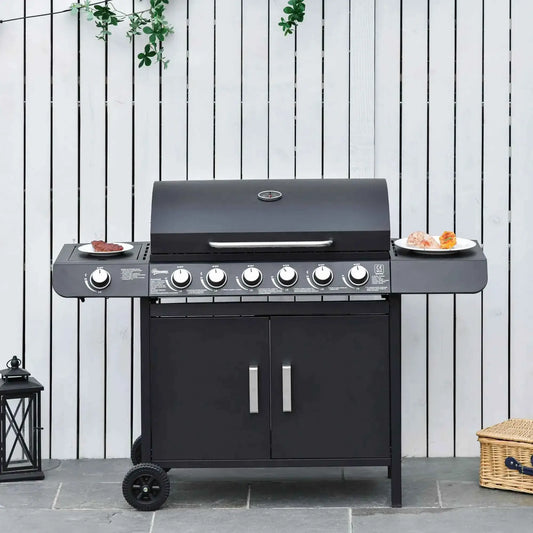 Outsunny Seven Burner Gas Grill, with Integrated Thermometer and Storage  - Black| 846-065V70