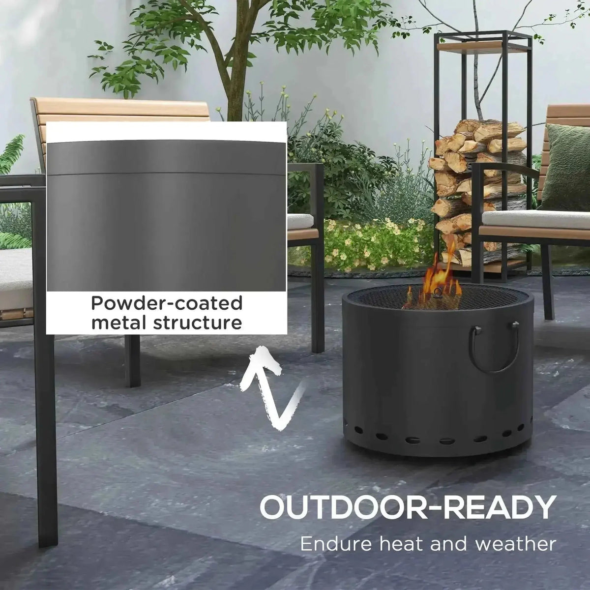 Outsunny smokeless portable fire pit in dark grey black powder-coated metal with circular design and side handles
