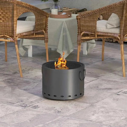 Gray metal outsunny smokeless portable fire pit with mesh top side vents and two black handles for outdoor use