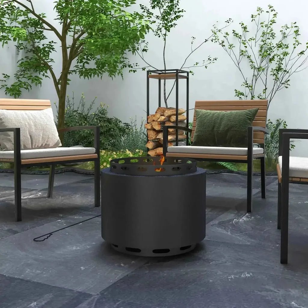 Black cylindrical outsunny smokeless portable fire pit with perforated top and base vents for outdoor use
