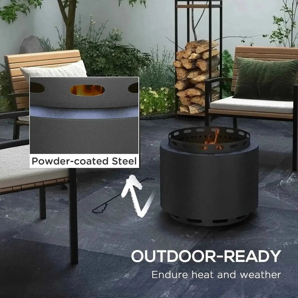 Outsunny smokeless portable fire pit in black powder-coated steel with perforated top and base and poker 48.5cm