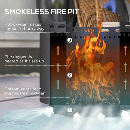 Outsunny smokeless portable fire pit in black with vertical vents and vibrant orange and yellow flame inside