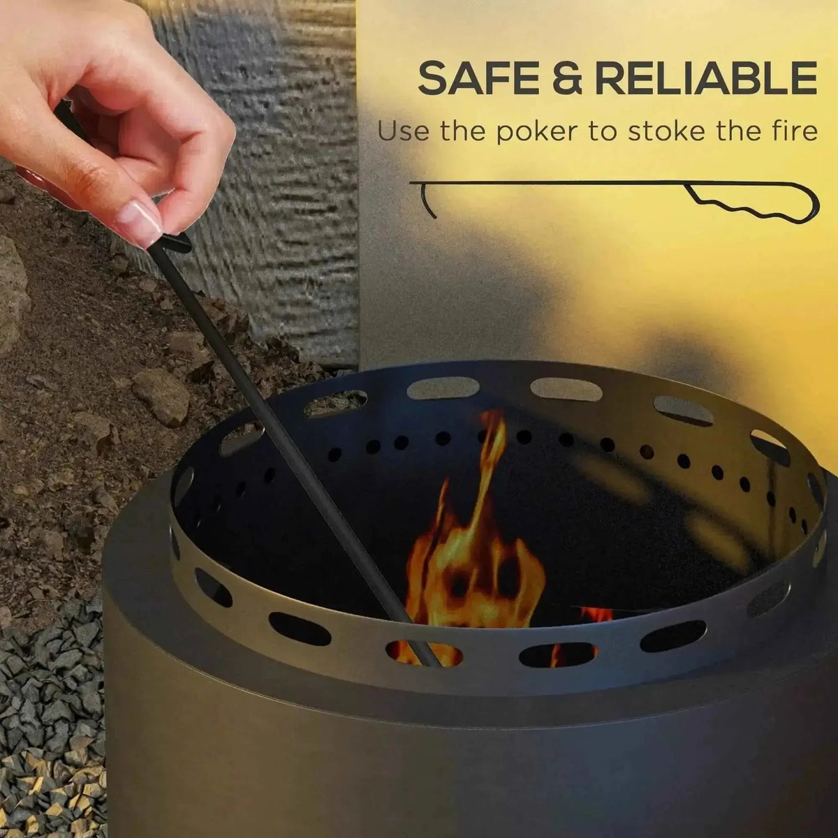 Black metal fire poker with textured grip for safely stoking fires in outsunny smokeless portable fire pit