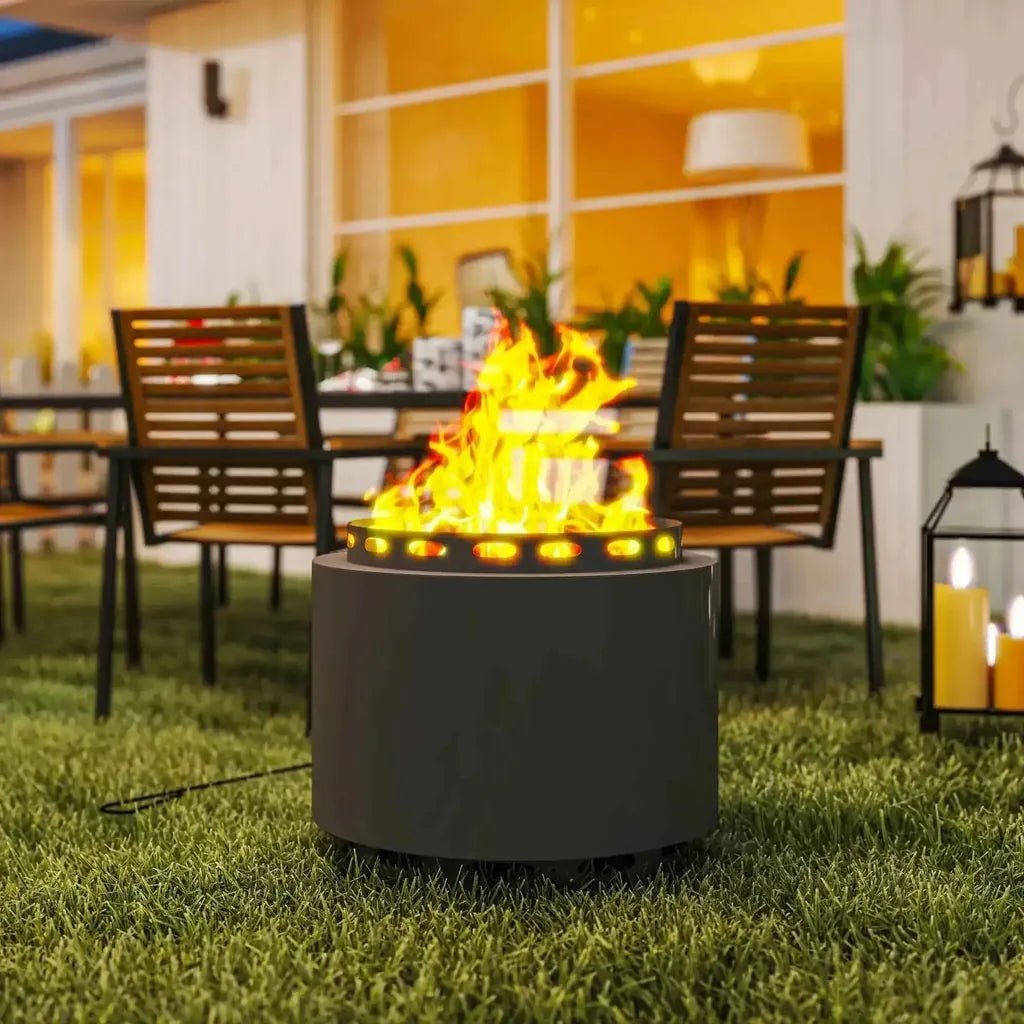 Gray cylindrical smokeless portable fire pit by outsunny with glowing flames and circular metal grate 48.5cm dark grey