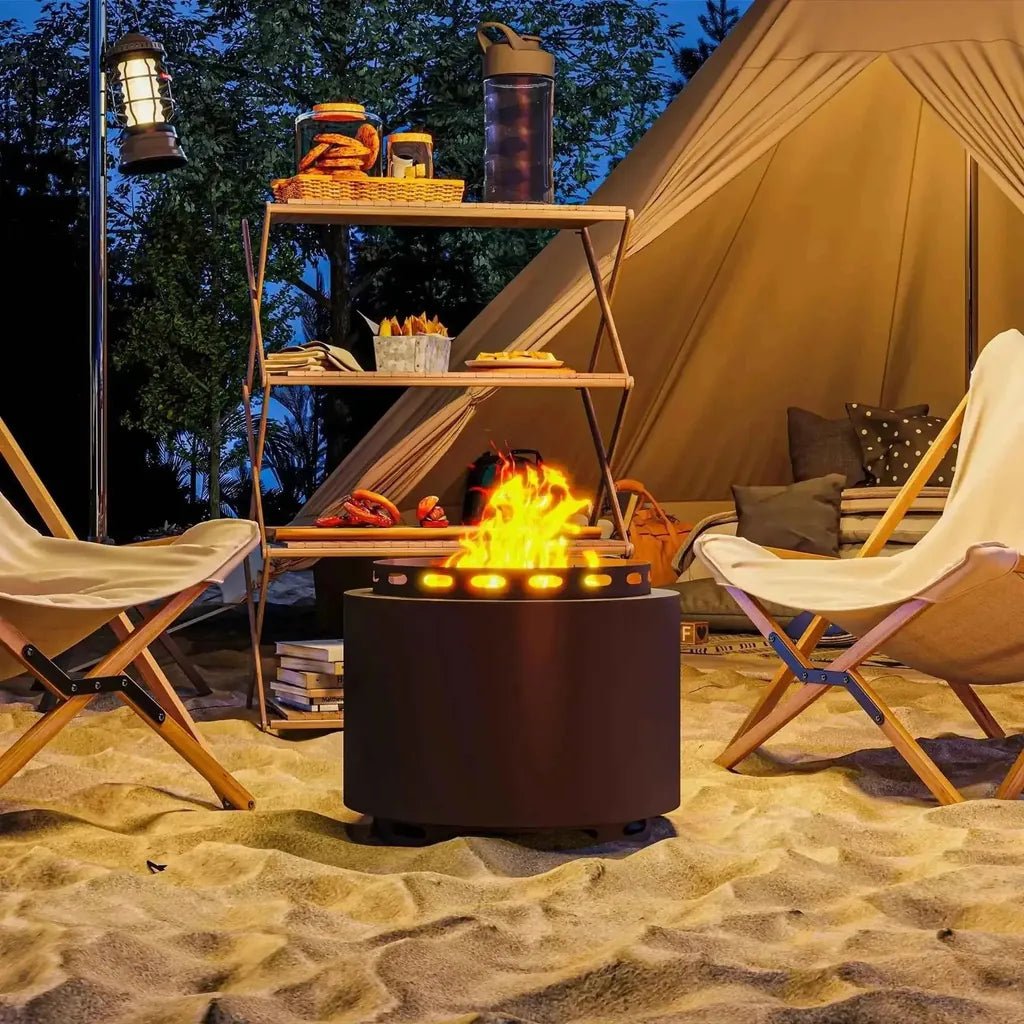Outsunny smokeless portable fire pit in dark grey with dark brown cylindrical design and glowing flame inside with poker