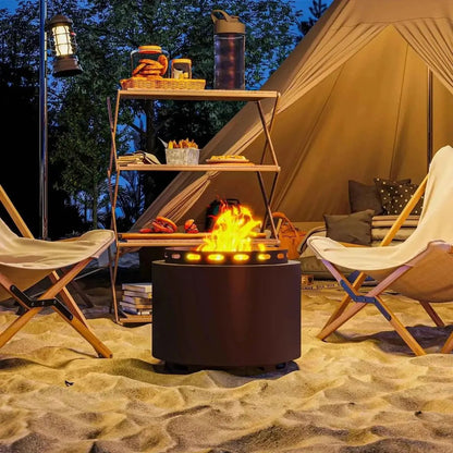 Outsunny smokeless portable fire pit in dark grey with dark brown cylindrical design and glowing flame inside with poker