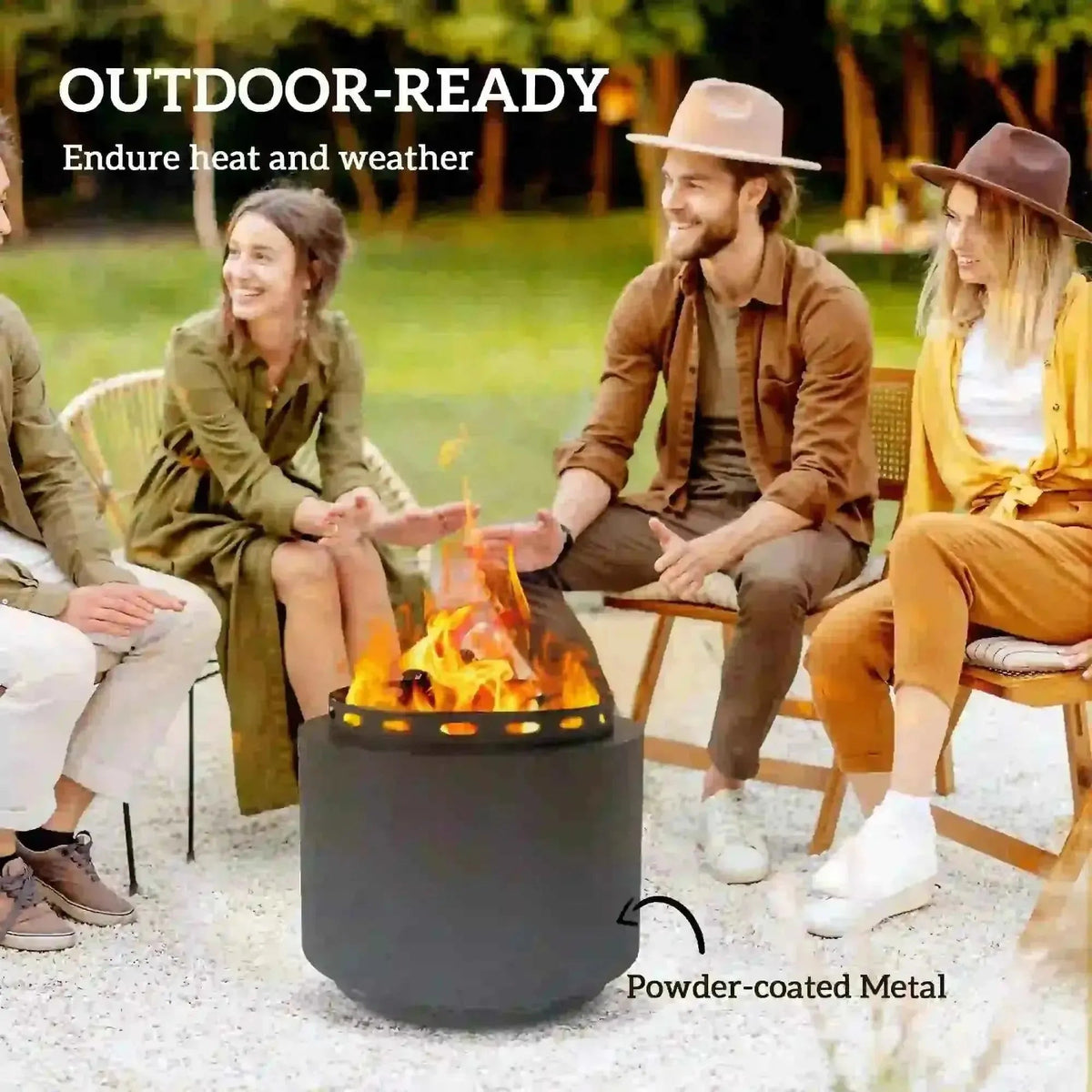 Outsunny smokeless portable outdoor fire pit in black powder-coated metal with poker 48.5cm dark grey