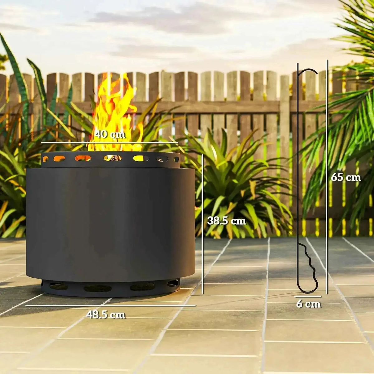 Outsunny smokeless portable dark grey outdoor fire pit with black cylindrical design and flame burning inside with measurements