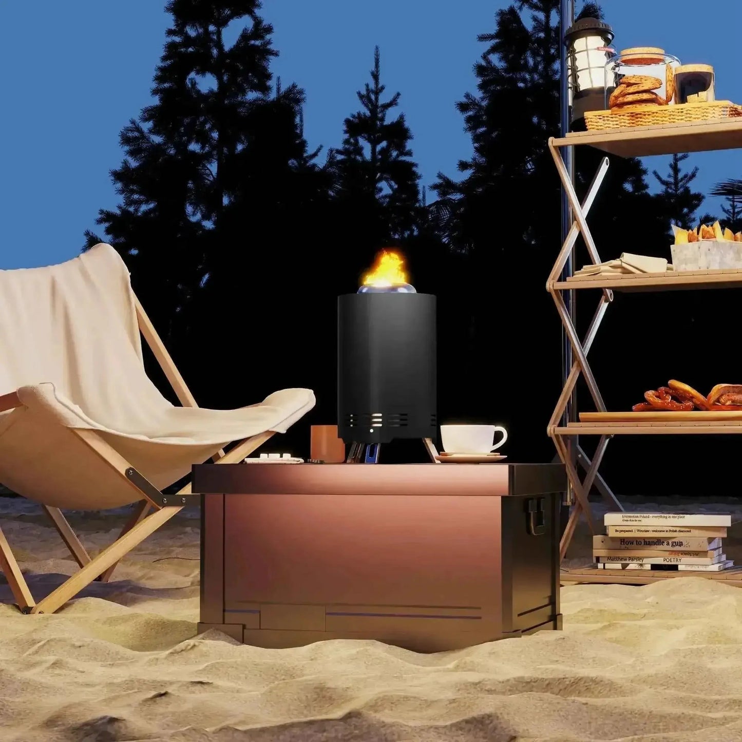 Black cylindrical smokeless stainless steel gas fire pit with flame on copper-colored storage box tabletop use