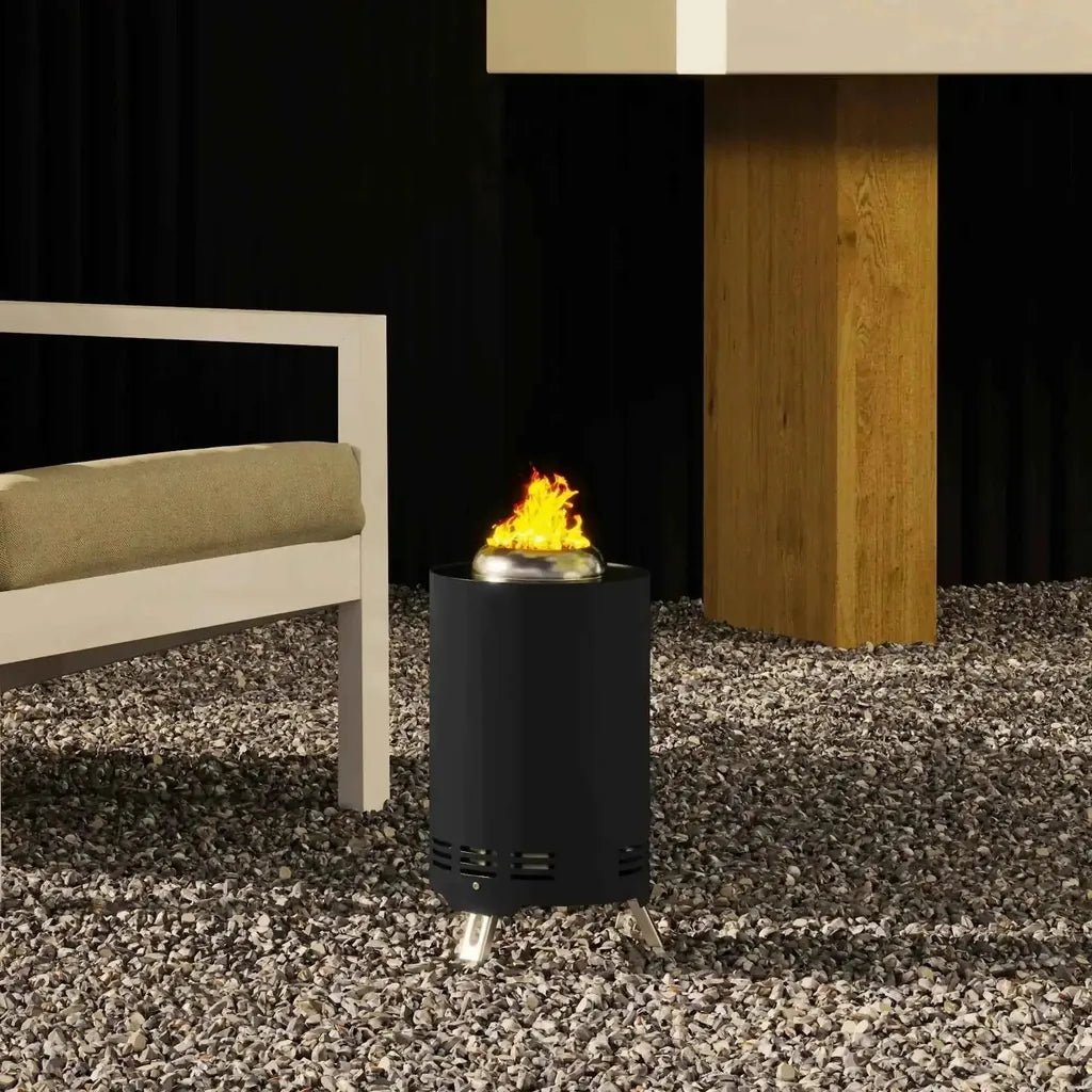 Outsunny smokeless stainless steel black cylindrical outdoor fire pit with silver metal top and ventilation slits