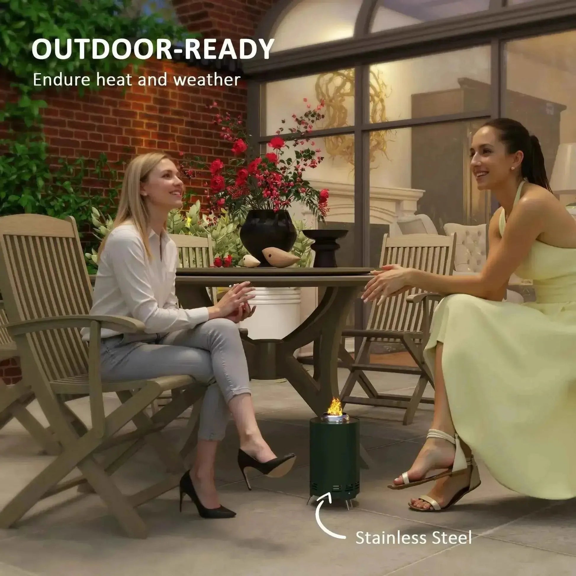 Dark green cylindrical portable stainless steel gas stove with visible flame from outsunny smokeless fire pit tabletop