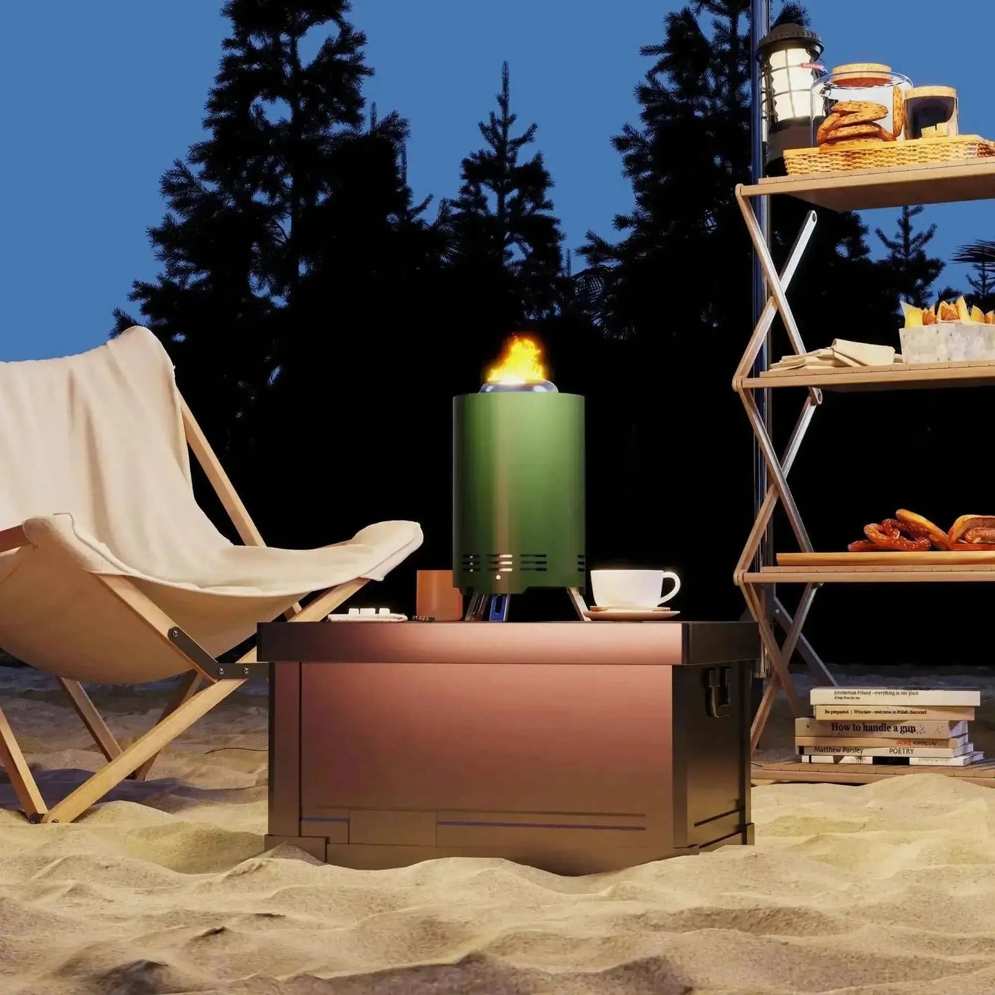 Outsunny smokeless stainless steel green cylindrical portable fire pit with a flame on a copper metal base tabletop 16cm