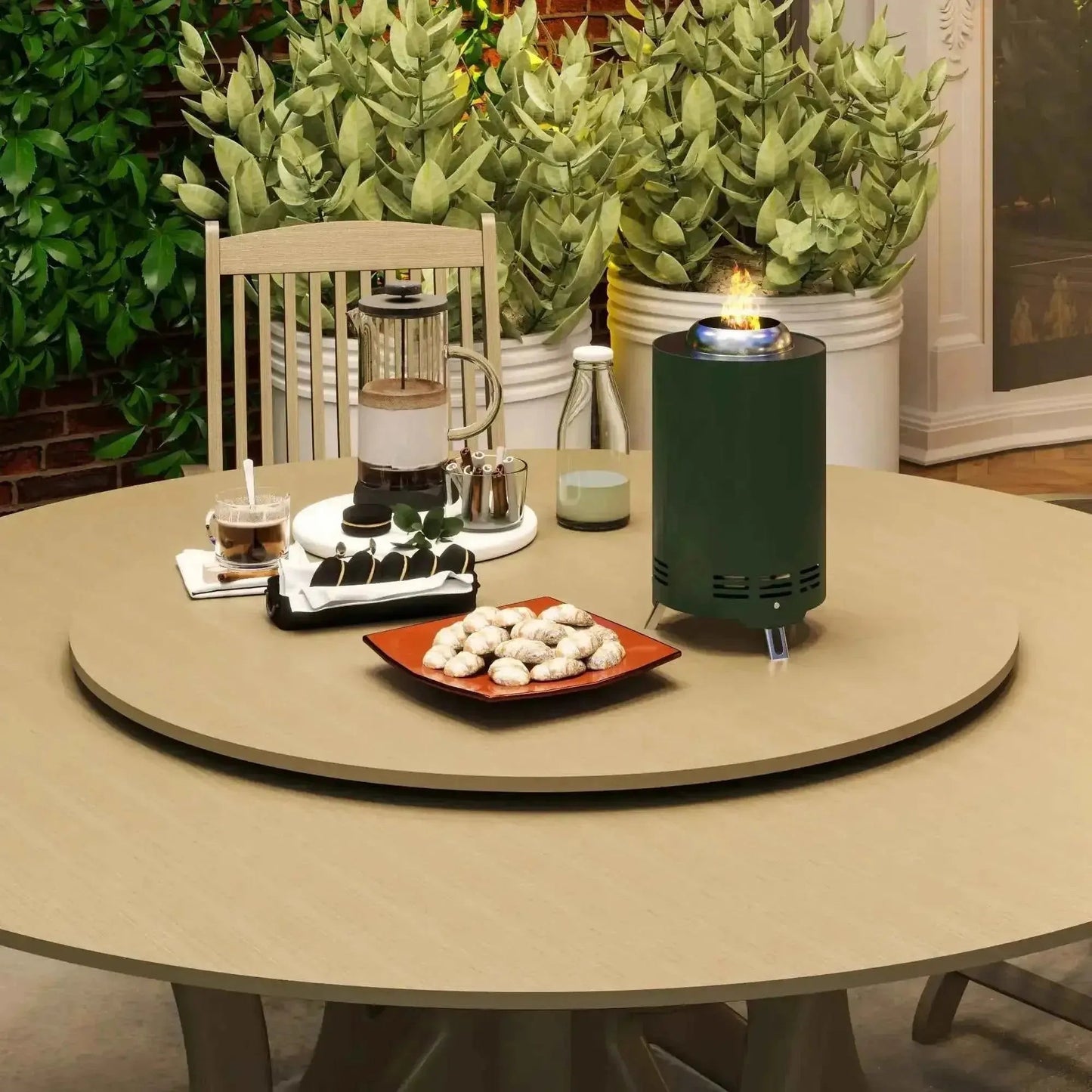 Dark green stainless steel cylindrical outdoor fire pit with flame and ventilation slits tabletop 16cm by outsunny