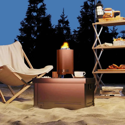 Copper-colored Outsunny smokeless stainless steel cylindrical portable fire pit with flame on matching rectangular base