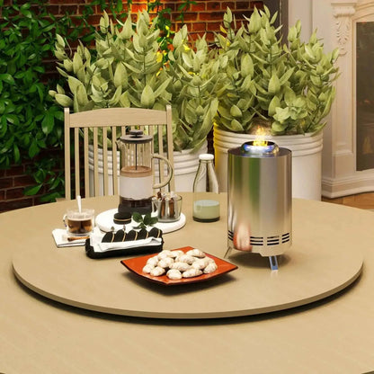 Outsunny smokeless stainless steel cylindrical outdoor fire pit with glowing flame and horizontal ventilation slits in silver tone