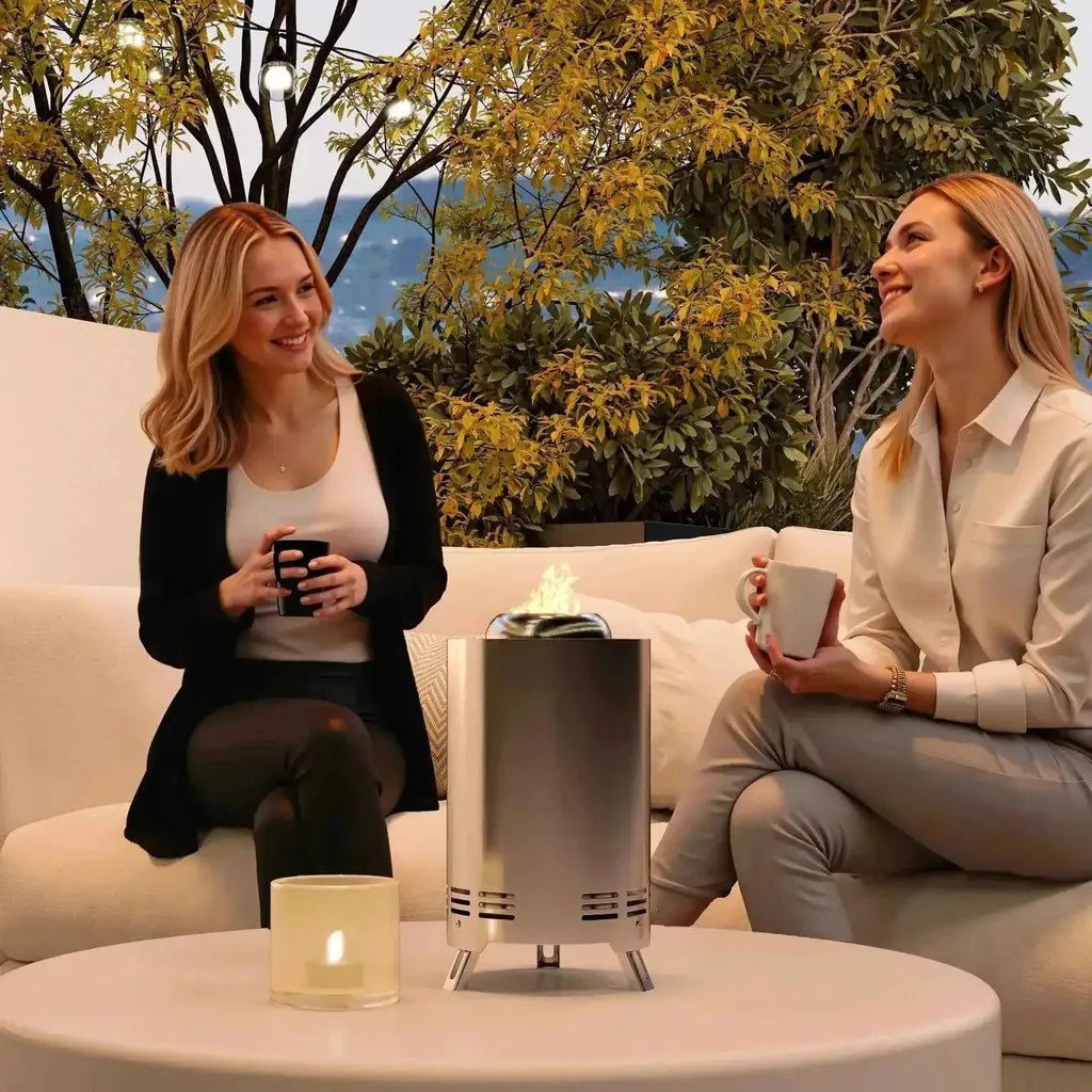Outsunny smokeless stainless steel portable gas fire pit in silver with tripod legs and vented base tabletop 16cm