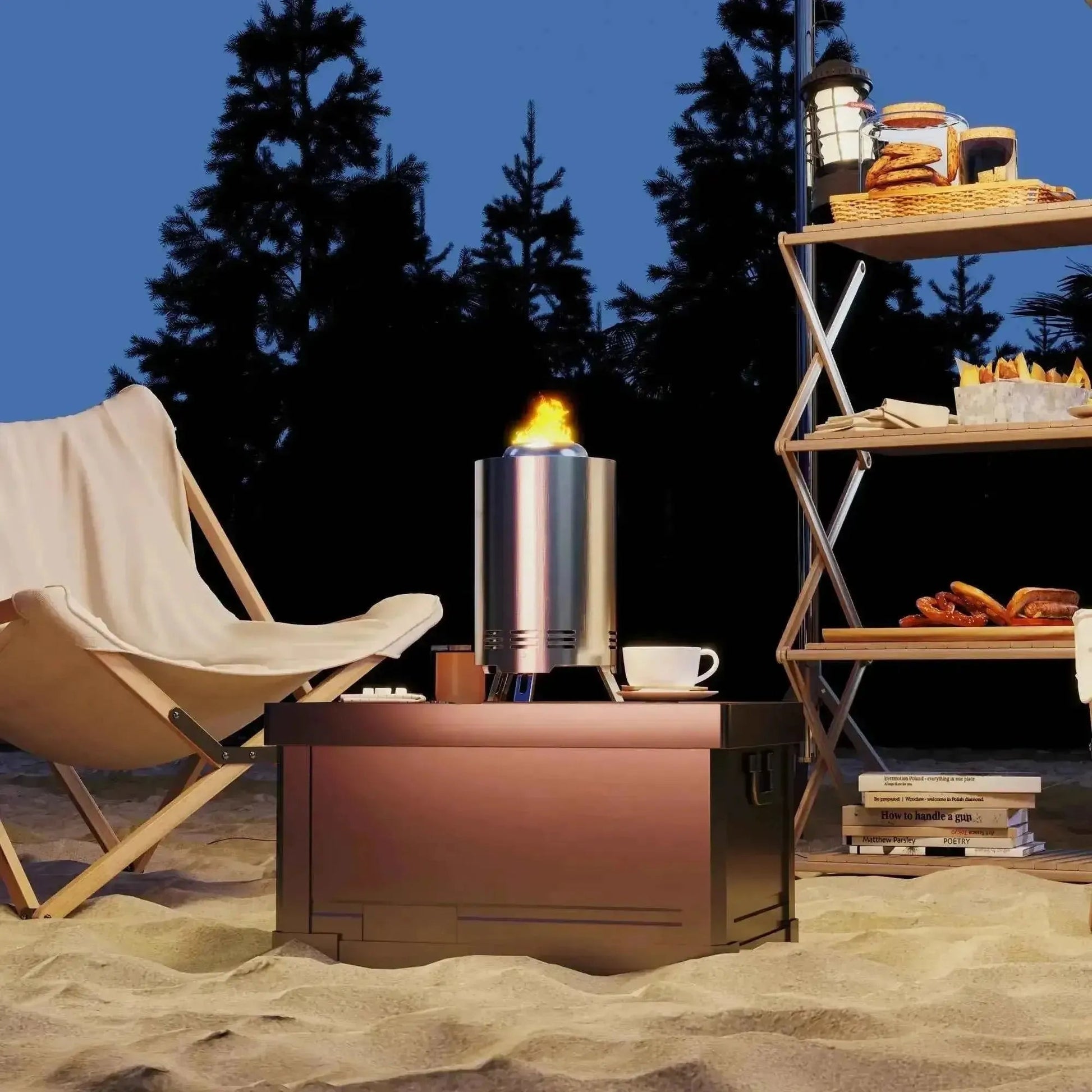 Silver tone outsunny smokeless stainless steel tabletop fire pit with flame on copper toned storage box