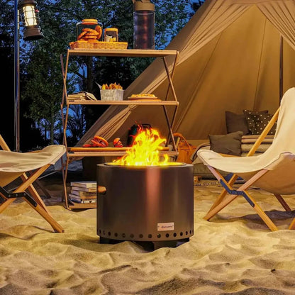 Outsunny smokeless steel fire pit in grey with sleek cylindrical design and ventilation holes for outdoor use