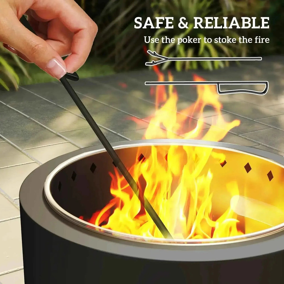 Black metal fire poker with curved handle and pointed tip for safely stoking flames in the grey outsunny smokeless steel fire pit