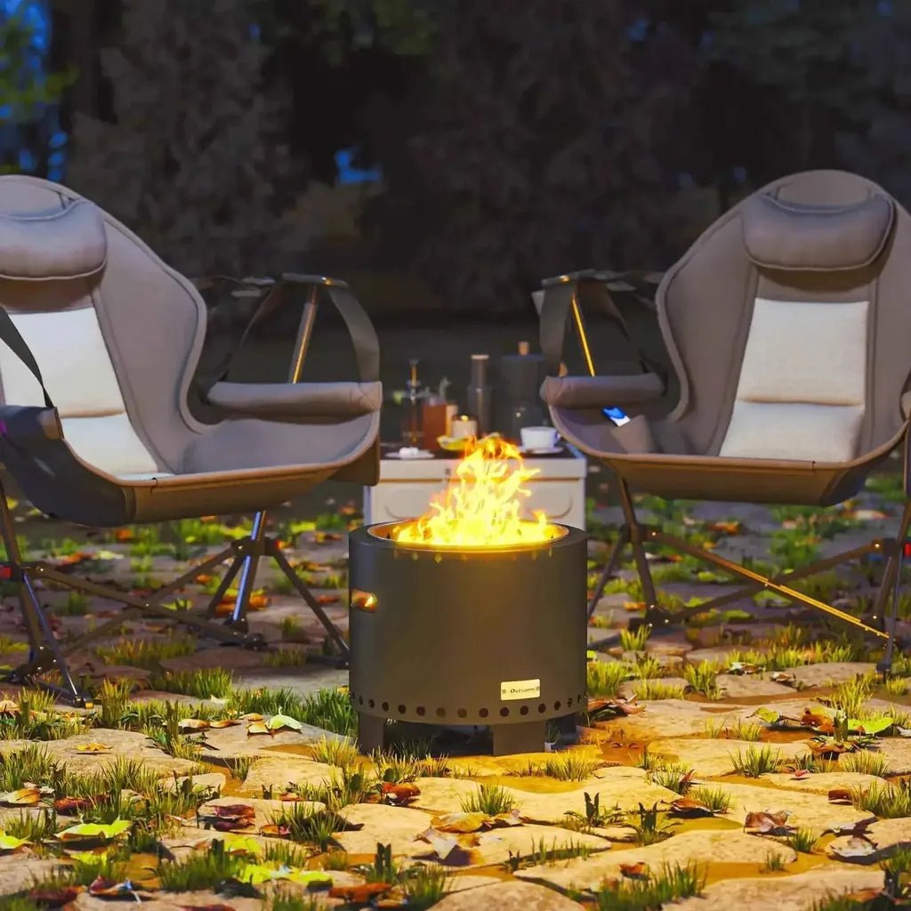 Black Outsunny smokeless steel fire pit with perforated sides and logo, includes poker in grey finish