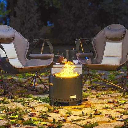 Black Outsunny smokeless steel fire pit with perforated sides and logo, includes poker in grey finish