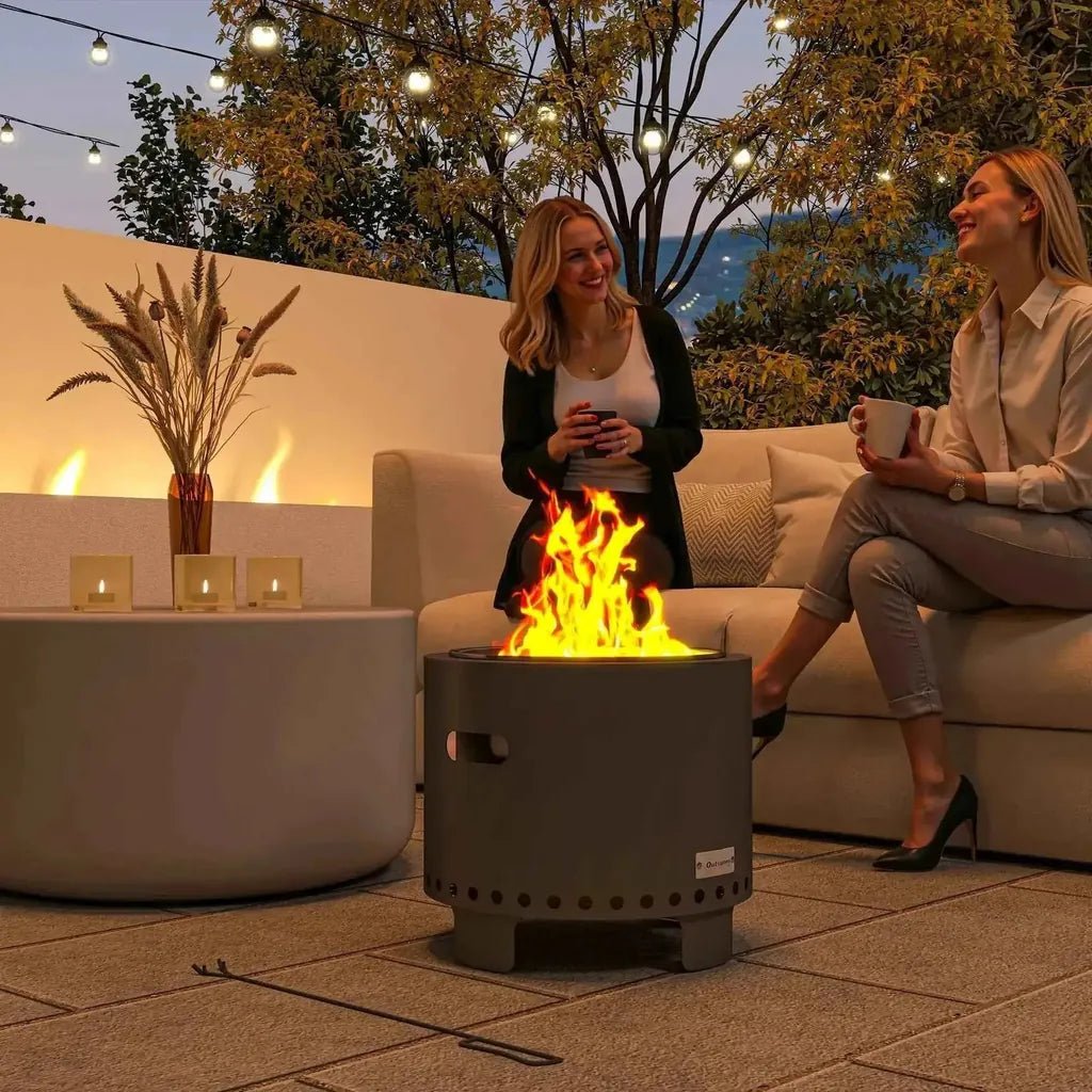 Gray outsunny smokeless steel fire pit with flame and circular vents for efficient outdoor heating and cooking