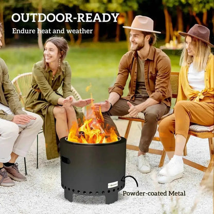 Outsunny smokeless steel fire pit in grey with black powder-coated metal and ventilation holes for outdoor use