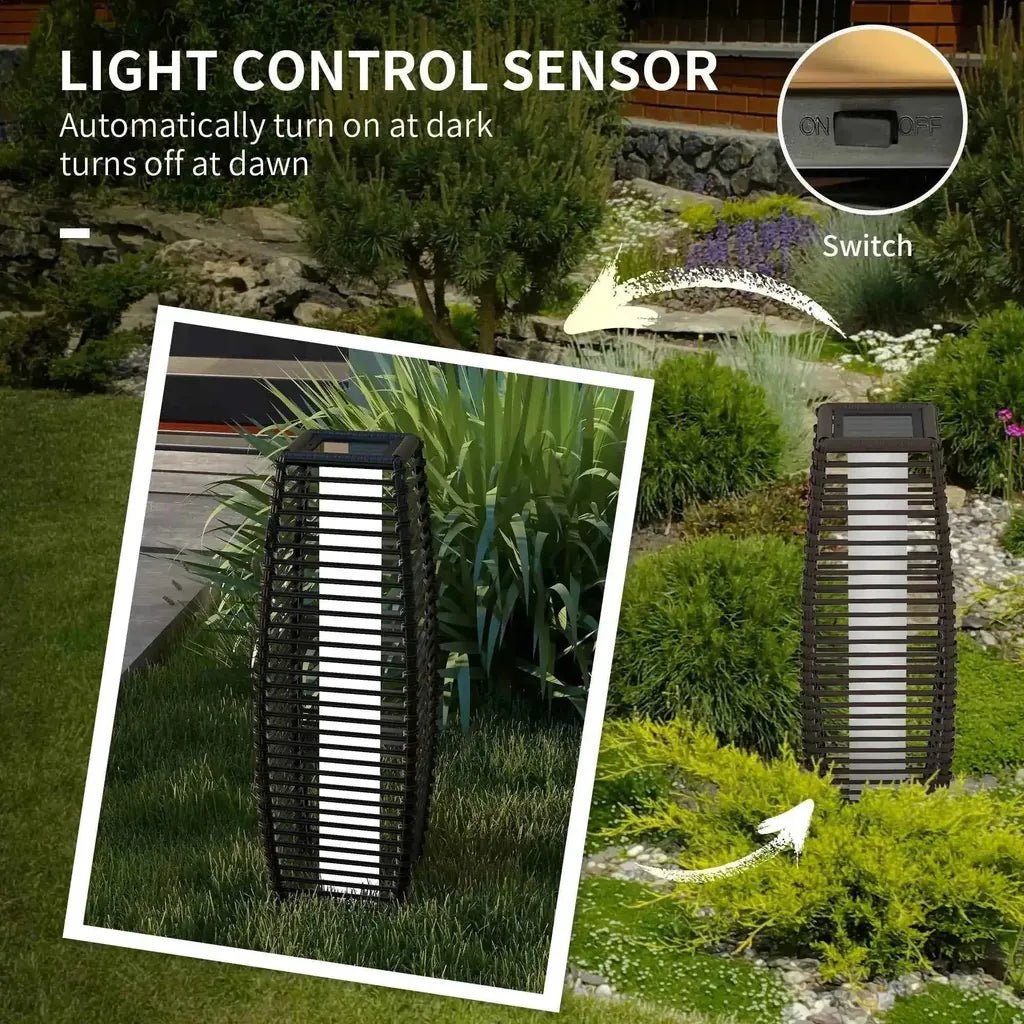 Outsunny black woven rattan outdoor solar floor lamp with light control sensor for auto on off LED lighting
